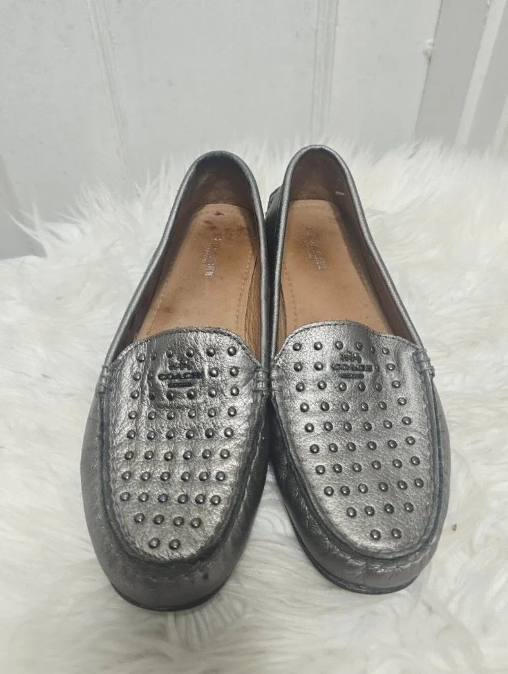 Coach Orlene Metallic Loafers Silver Leather Upper with stud Women's Size 7B